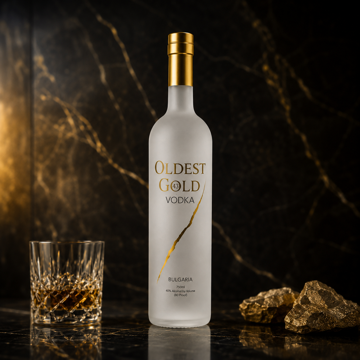 Oldest Gold Vodka with gold and a rocks glass