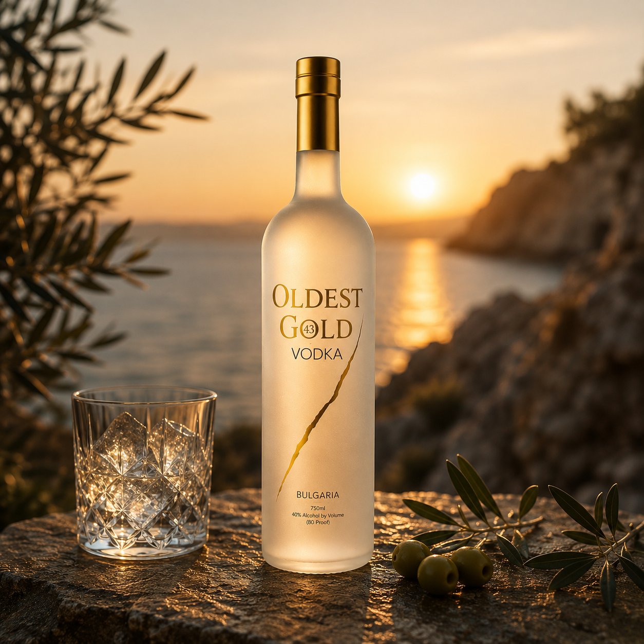 Oldest Gold Vodka on the Black Sea coast at sunset