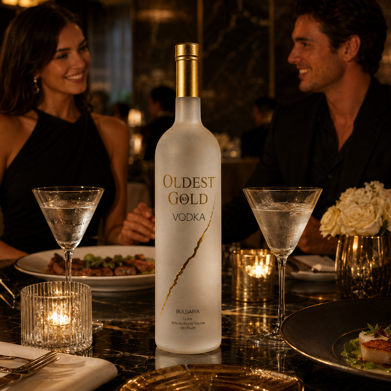 Oldest Gold Vodka at an elegant dinner table