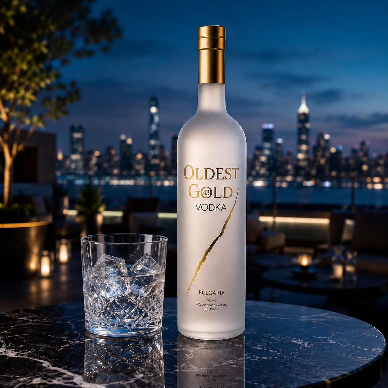 Oldest Gold Vodka with a clean serve on a rooftop