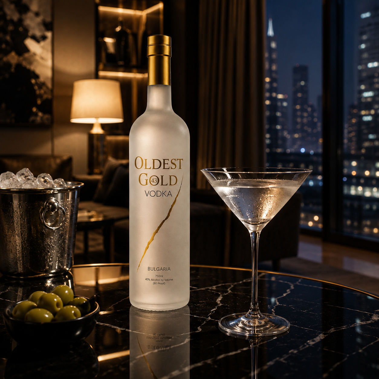 Oldest Gold Vodka with a martini in a luxury suite